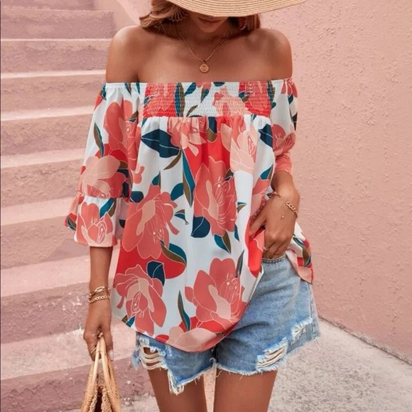 Boho Floral Print Smocked Shirred Off shoulder Top Blouse - Picture 3 of 7